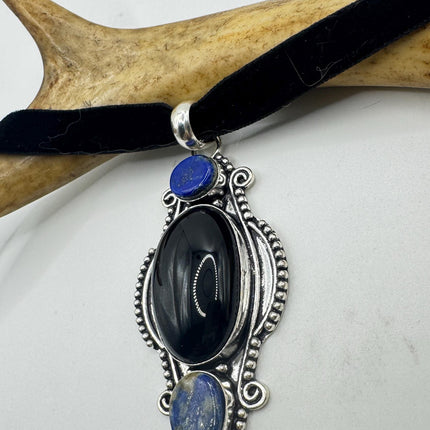 Vintage Black Onyx Pendant Ribbon Choker Necklace Silver Bronze Necklace Statement