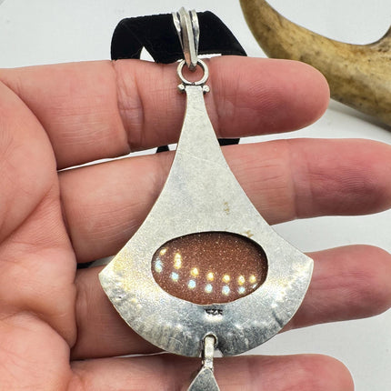 Vintage Gold Sandstone Boho Black Velvet Choker Silver Necklace