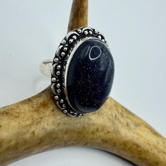 Vintage Black Sandstone Boho Statement Ring Detailed Silver Finished Bronze
