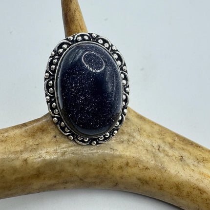 Vintage Black Sandstone Boho Statement Ring Detailed Silver Finished Bronze