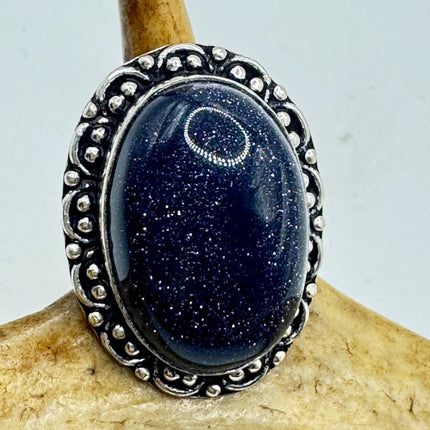 Vintage Black Sandstone Boho Statement Ring Detailed Silver Finished Bronze