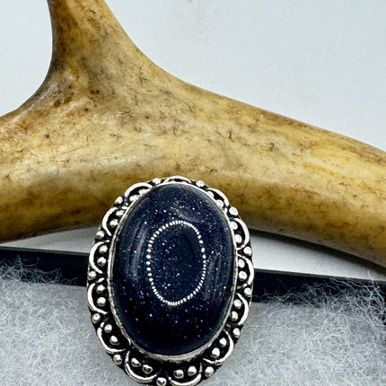Vintage Black Sandstone Boho Statement Ring Detailed Silver Finished Bronze