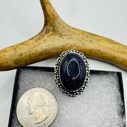 Vintage Black Sandstone Boho Statement Ring Detailed Silver Finished Bronze