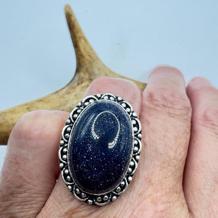 Vintage Black Sandstone Boho Statement Ring Detailed Silver Finished Bronze