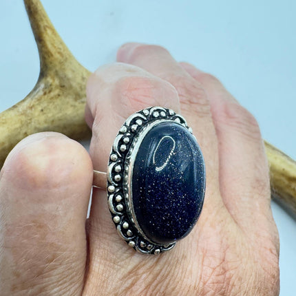 Vintage Black Sandstone Boho Statement Ring Detailed Silver Finished Bronze