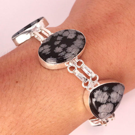 Vintage Snowflake Obsidian Black Toggle Bracelet Silver Bronze
