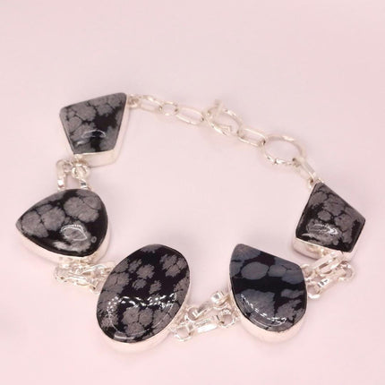 Vintage Snowflake Obsidian Black Toggle Bracelet Silver Bronze