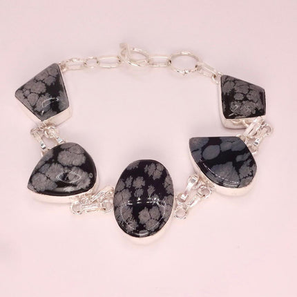 Vintage Snowflake Obsidian Black Toggle Bracelet Silver Bronze