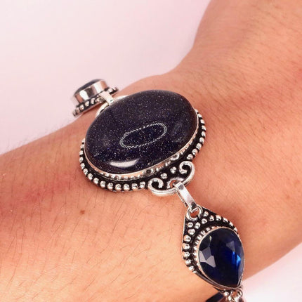 Vintage Black Sandstone Toggle Bracelet Silver Bronze