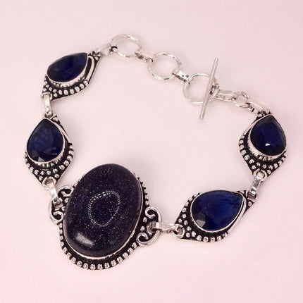 Vintage Black Sandstone Toggle Bracelet Silver Bronze