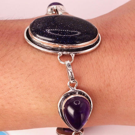 Vintage Black Sandstone Toggle Bracelet Silver Bronze