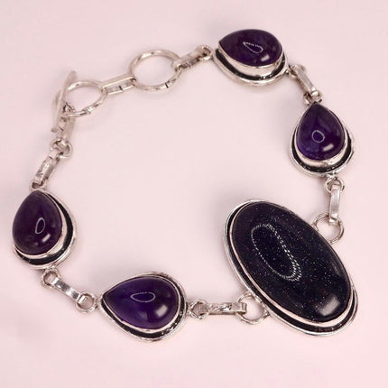 Vintage Black Sandstone Toggle Bracelet Silver Bronze