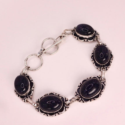 Vintage Black Sandstone Toggle Bracelet Silver Bronze