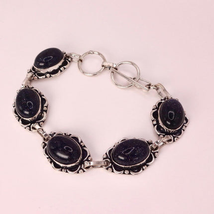 Vintage Black Sandstone Toggle Bracelet Silver Bronze