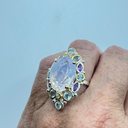 Vintage Lavender Rose Quartz Statement Ring Gold 925 Sterling Silver