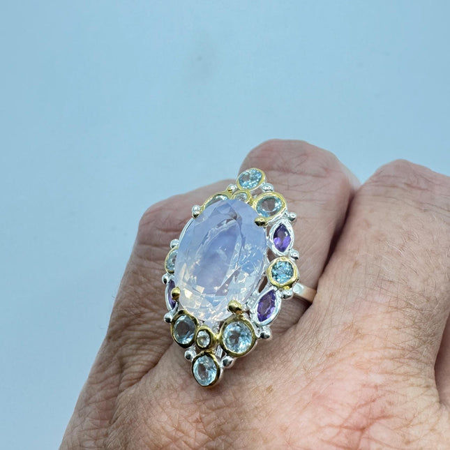 Vintage Lavender Rose Quartz Statement Ring Gold 925 Sterling Silver
