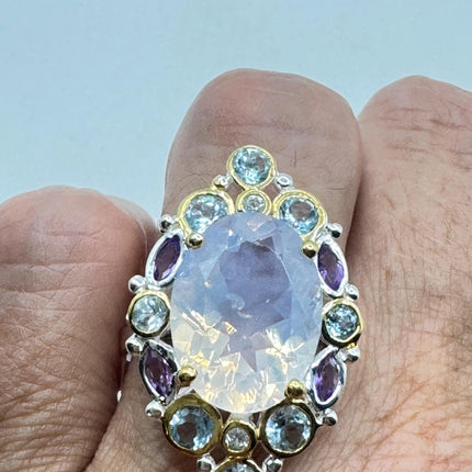 Vintage Lavender Rose Quartz Statement Ring Gold 925 Sterling Silver