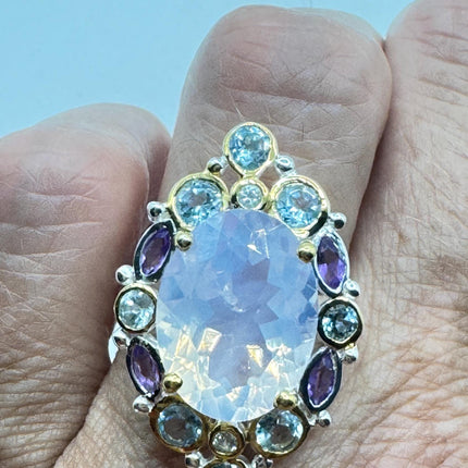 Vintage Lavender Rose Quartz Statement Ring Gold 925 Sterling Silver