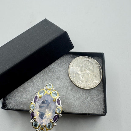 Vintage Lavender Rose Quartz Statement Ring Gold 925 Sterling Silver