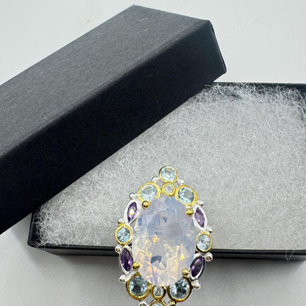 Vintage Lavender Rose Quartz Statement Ring Gold 925 Sterling Silver