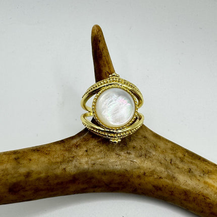Vintage Mother of Pearl Ring – Gold & Sterling Silver – Adjustable Size
