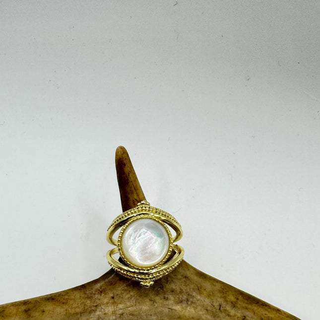 Vintage Mother of Pearl Ring – Gold & Sterling Silver – Adjustable Size