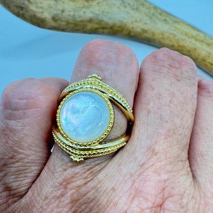 Vintage Mother of Pearl Ring – Gold & Sterling Silver – Adjustable Size