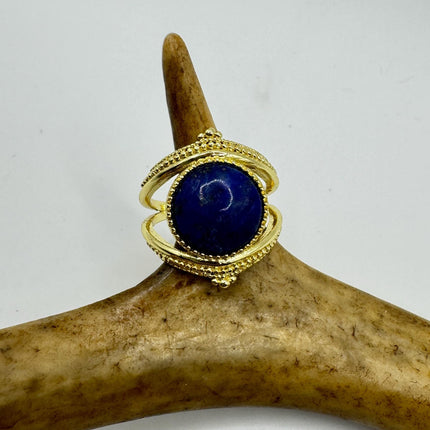 Vintage Blue Lapis Lazuli Crystal Cocktail Ring gold filled adjustable
