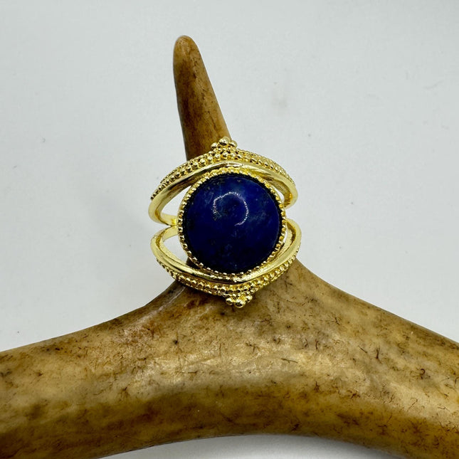 Vintage Blue Lapis Lazuli Crystal Cocktail Ring gold filled adjustable