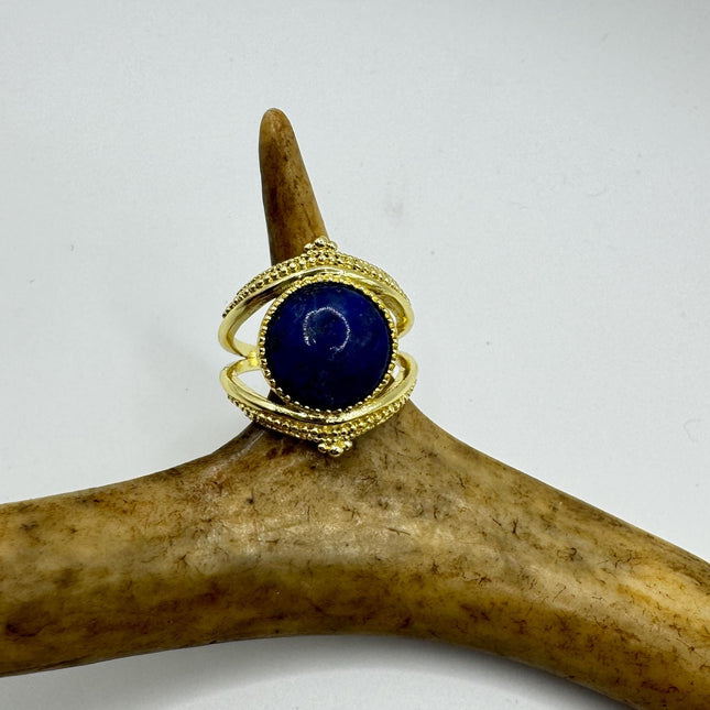 Vintage Blue Lapis Lazuli Crystal Cocktail Ring gold filled adjustable