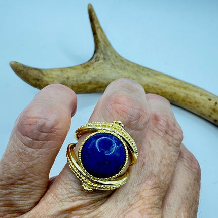 Vintage Blue Lapis Lazuli Crystal Cocktail Ring gold filled adjustable