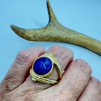 Vintage Blue Lapis Lazuli Crystal Cocktail Ring gold filled adjustable