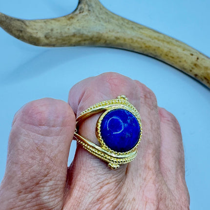 Vintage Blue Lapis Lazuli Crystal Cocktail Ring gold filled adjustable