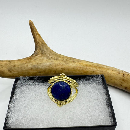 Vintage Blue Lapis Lazuli Crystal Cocktail Ring gold filled adjustable