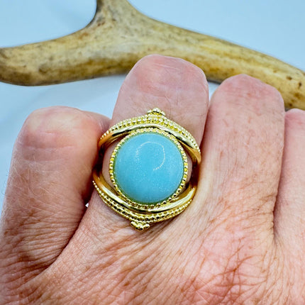 Vintage Gold Bronze Green Amazonite adjustable ring