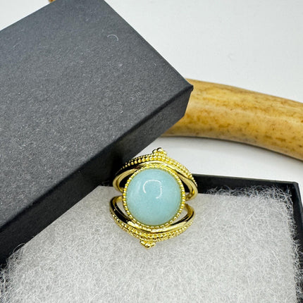 Vintage Gold Bronze Green Amazonite adjustable ring
