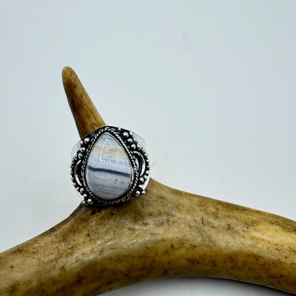 Vintage Blue Lace Agate Crystal Cocktail Ring 925 Sterling Silver, Antique Style Design