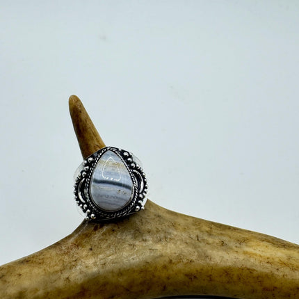 Vintage Blue Lace Agate Crystal Cocktail Ring 925 Sterling Silver, Antique Style Design