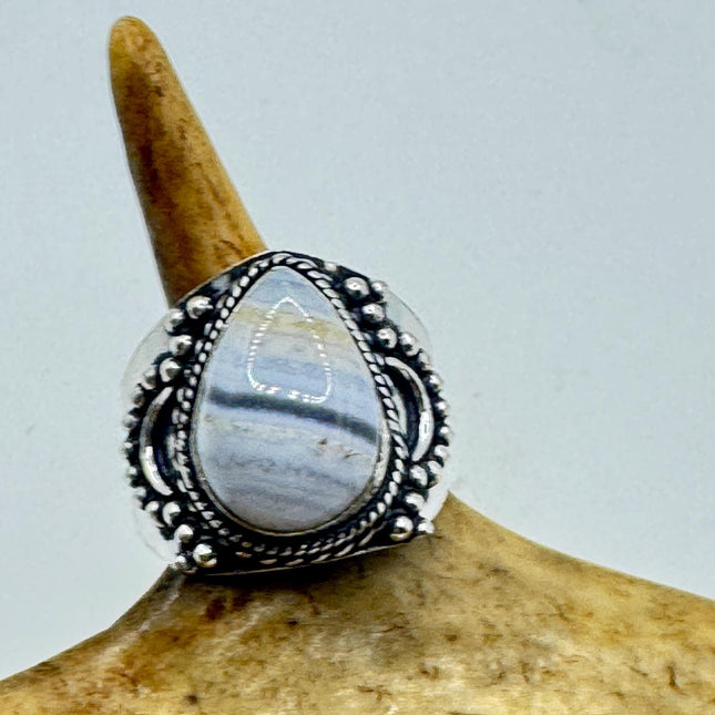 Vintage Blue Lace Agate Crystal Cocktail Ring 925 Sterling Silver, Antique Style Design