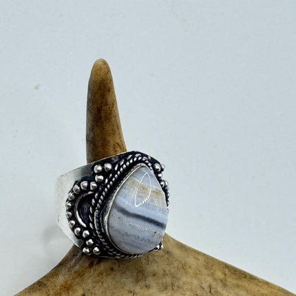 Vintage Blue Lace Agate Crystal Cocktail Ring 925 Sterling Silver, Antique Style Design