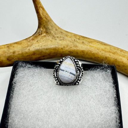 Vintage Blue Lace Agate Crystal Cocktail Ring 925 Sterling Silver, Antique Style Design
