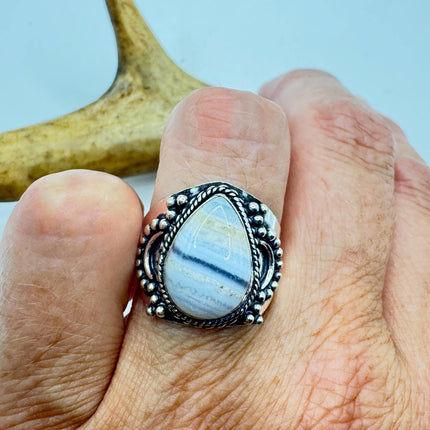 Vintage Blue Lace Agate Crystal Cocktail Ring 925 Sterling Silver, Antique Style Design