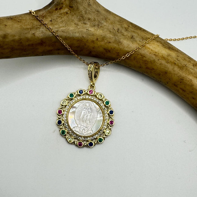 Vintage Lady of Guadalupe Pendant Necklace: Pearl Amulet, 9k Gold Filled Chain