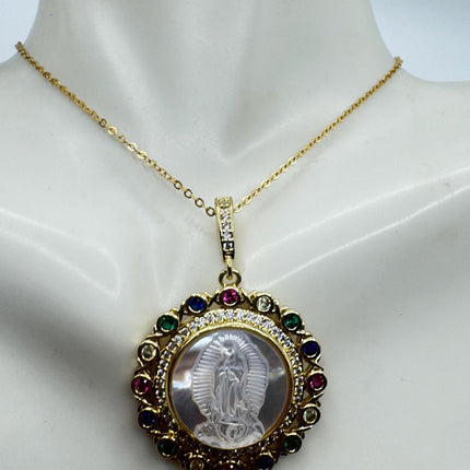 Vintage Lady of Guadalupe Pendant Necklace: Pearl Amulet, 9k Gold Filled Chain