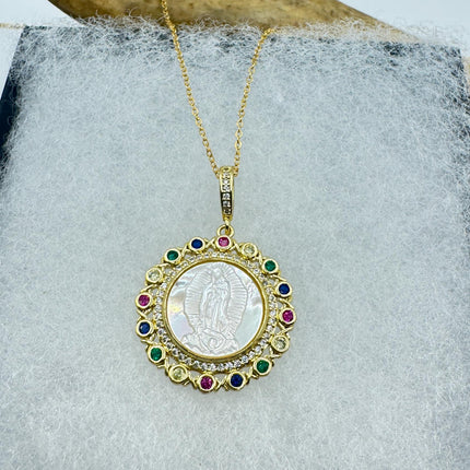 Vintage Lady of Guadalupe Pendant Necklace: Pearl Amulet, 9k Gold Filled Chain