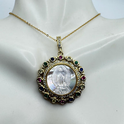 Vintage Lady of Guadalupe Pendant Necklace: Pearl Amulet, 9k Gold Filled Chain