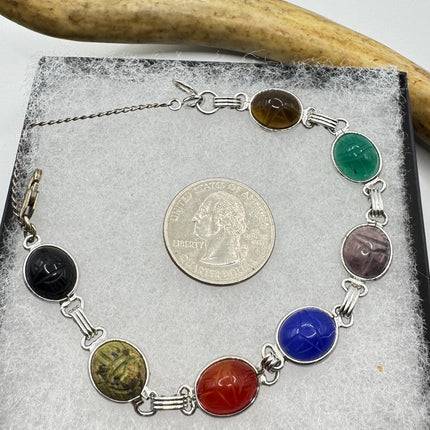 Vintage Mixed Agate Gemstone Scarab Station Bracelet | White Gold Filled setting Stacking Layered