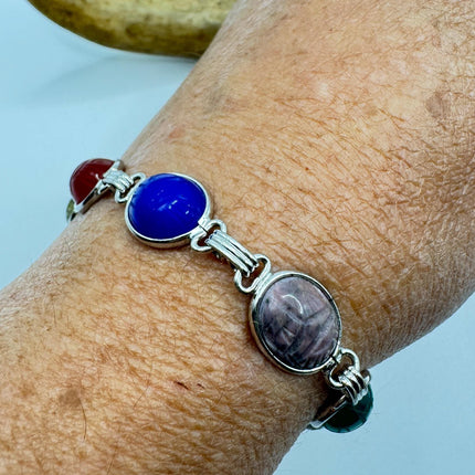 Vintage Mixed Agate Gemstone Scarab Station Bracelet | White Gold Filled setting Stacking Layered