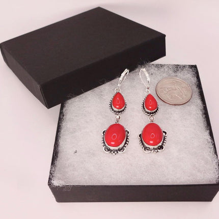 Vintage Red Glass Silver Earrings | 925 sterling Silver Lever Backs
