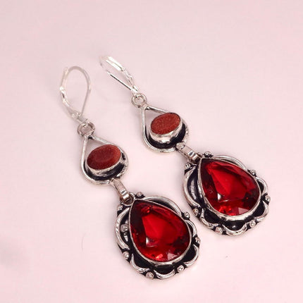 Vintage Red Glass Silver Earrings | 925 sterling Silver Lever Backs